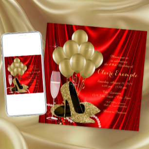 Rote und goldene Damen-Geburtstagsfeier Satin Einladung