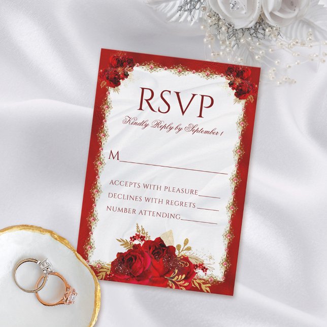 Rote und goldene elegante Blumen-Hochzeitskarte RSVP Karte (Von Creator hochgeladen)