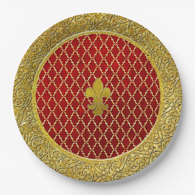 Rote und goldene Fleur-de-lis Pappteller (Vorderseite)