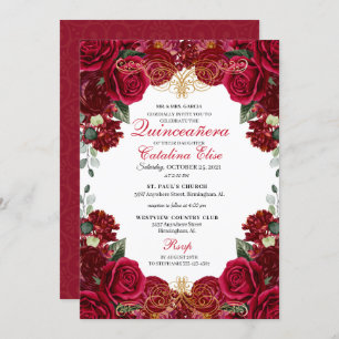 Rote und goldene Flora Quinceanera Einladung zum G