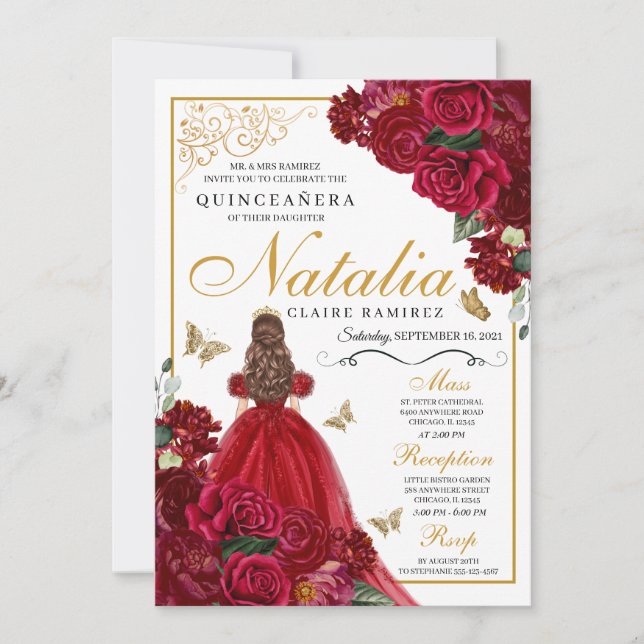 Rote und goldene Flora Quinceanera Einladung zum G (Vorderseite)