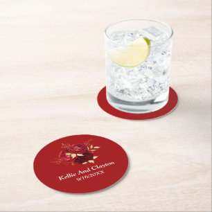 Rote und goldene florale runde Papier-Hochzeit-Unt Runder Pappuntersetzer