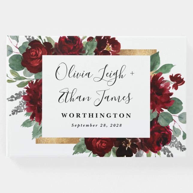 Rote und goldene florale Rustikale Elegante Weiße  Gästebuch (Vorderseite)