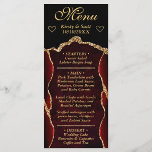 Rote und goldene Glitter-Achat-Marmor-Hochzeit Menükarte