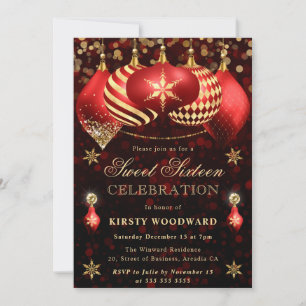 Rote und goldene Glitterkugeln Sweet Sixteen Einladung