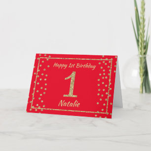 Rote und goldene Glitzer Confetti Card zum 1. Gebu Karte
