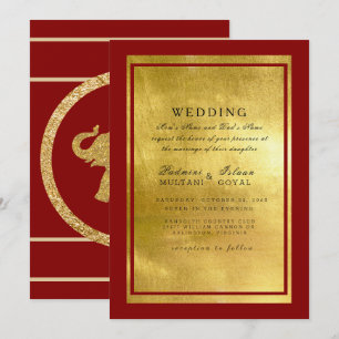 Rote und goldene indische Elefanten-Hochzeitseinla Einladung