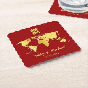 Rote und goldene Karte Ziel chinesische Hochzeit Untersetzer