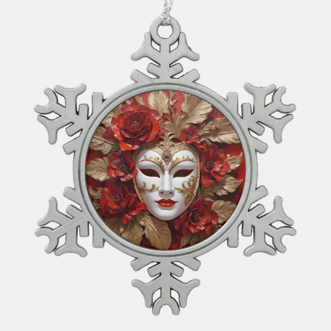 Rote und goldene Maske Schneeflocken Zinn-Ornament (Vorderseite)