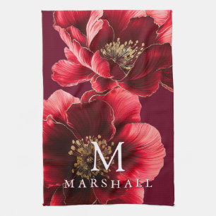 Rote und goldene, moderne Blumenmonogramm-Familie Geschirrtuch