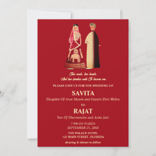 Rote und goldene moderne indische Hochzeit  Einladung