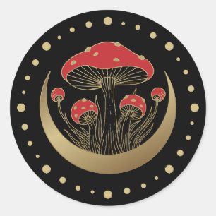 Rote und goldene Mushrooms Halbmond auf schwarz Runder Aufkleber