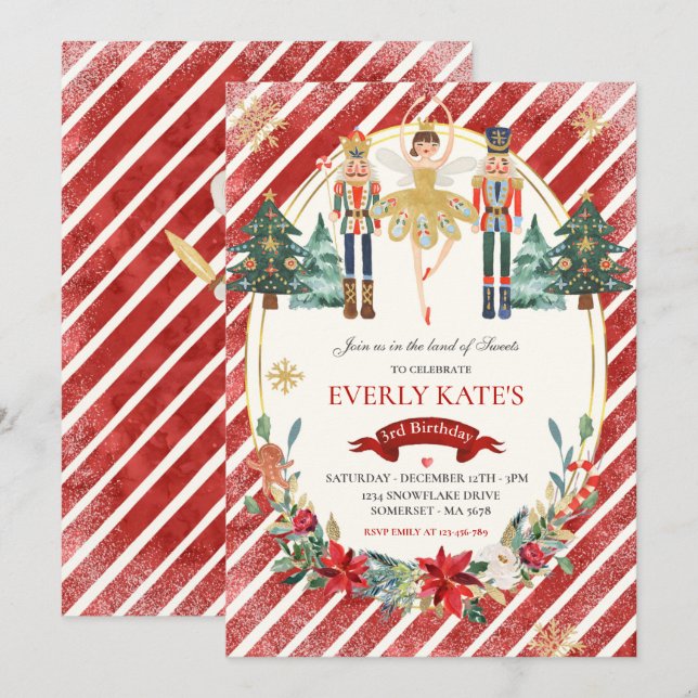 Rote und goldene Nutcracker Birthday Sugum Fairy Einladung (Vorne/Hinten)
