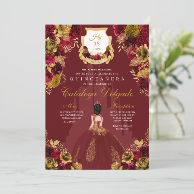 Rote und goldene Prinzessin Burg Quinceañera Einladung (Stehend Vorderseite)