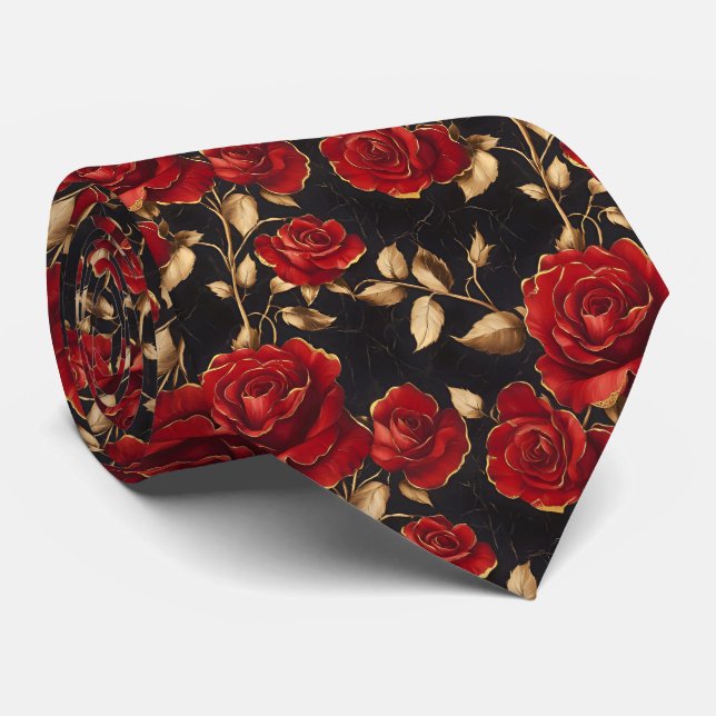 Rote und goldene Rosen auf Schwarz Krawatte (Gerollt)