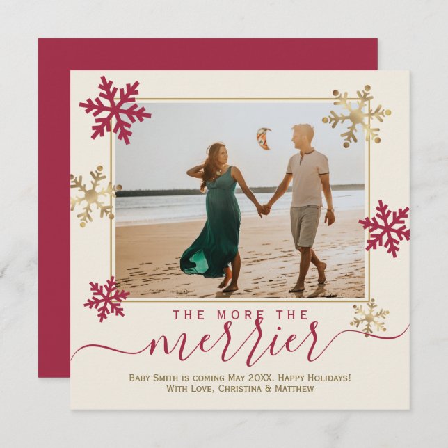 Rote und goldene Schneeflocken Foto Weihnachtsschw Ankündigung (Vorne/Hinten)