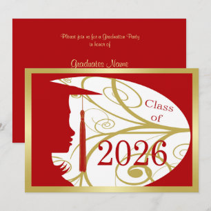 Rote und goldene Silhouette 2026 Abschlussfeier Einladung