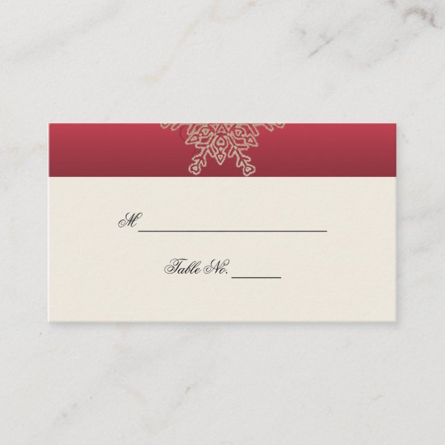 Rote und goldene Snowflake Hochzeiten Platzkarten (Vorderseite)
