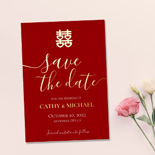 Rote und goldene Vintage-chinesische Hochzeit Save Folieneinladung