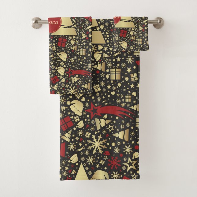 Rote und goldene Weihnachtsbaum Schneeflocken und  Badhandtuch Set (Insitu)