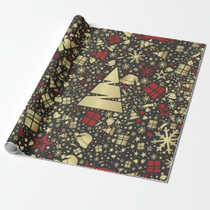 Rote und goldene Weihnachtsbaum Schneeflocken und  Geschenkpapier
