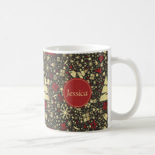 Rote und goldene Weihnachtsbaum Schneeflocken und Kaffeetasse