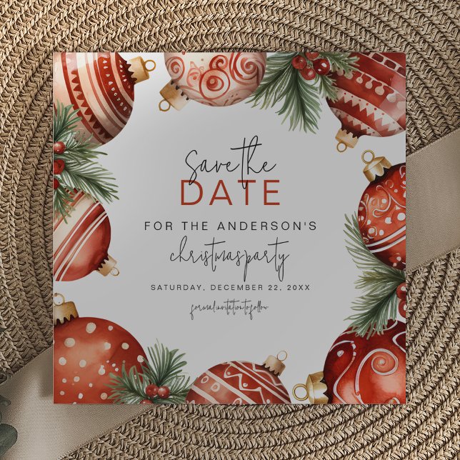 Rote und goldene Weihnachtsbaumschmuck Party Save The Date (Von Creator hochgeladen)
