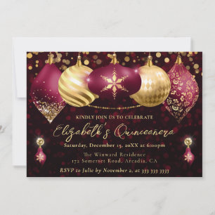 Rote und goldene Weihnachtskugeln Quinceanera Einladung