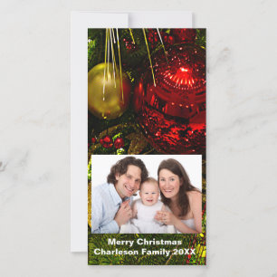 Rote und goldene Weihnachtsschmuck Vertikale Foto- Feiertagskarte