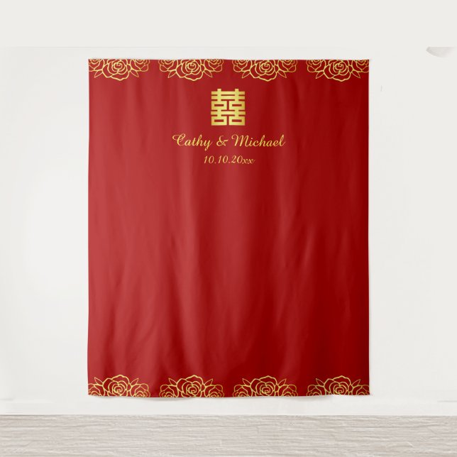 Rote und goldfarbene Rose chinesische Hochzeitskul Wandteppich (Vorderseite)