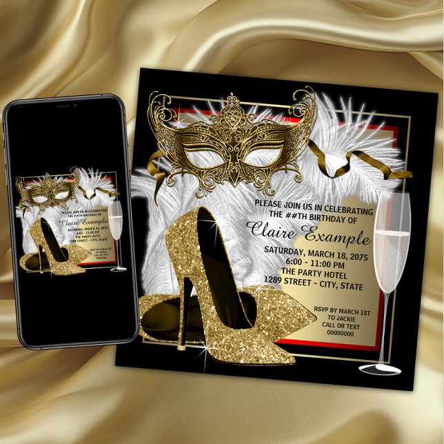 Rote und Goldmasquerade Party Einladung (Womans masquerade birthday party invitation with elegant mask, shoes, feathers and champagne glass.)