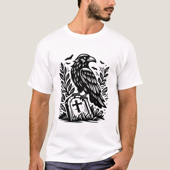 Rote und Grabstein Gotische Graveyard Line Art T-Shirt (Vorderseite)