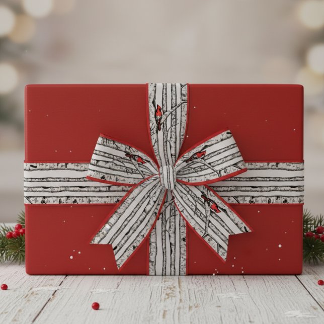 Rote und graue Birkenbäume und Rote Kardinal Ripsband (Elegant Winter Red Cardinal Bird & Birch Trees Pattern Ribbon for Christmas. Nature Birds Gift Wrap)