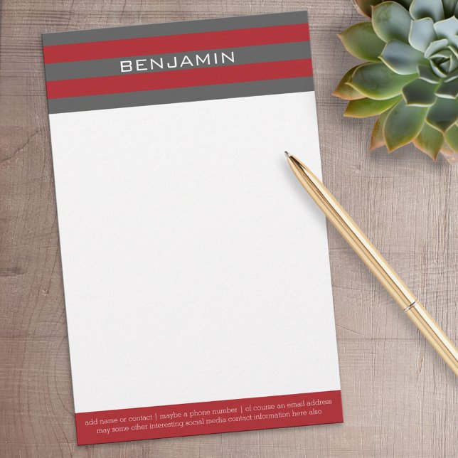 Rote und graue Rugby Streifen mit Individuelle Nam Briefpapier (Personalized Stationery)