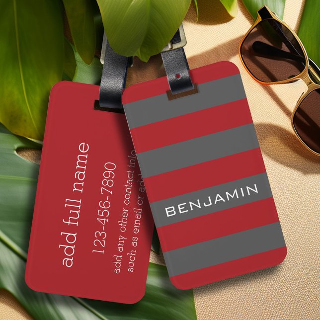 Rote und graue Rugby Streifen mit Individuelle Nam Gepäckanhänger (Personalized luggage tag - Modern Stripe Pattern with custom text)
