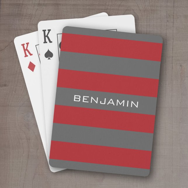 Rote und graue Rugby Streifen mit Individuelle Nam Spielkarten (Personalized playing cards - sporty, preppy stripe pattern with name. Great gift for the guys!)