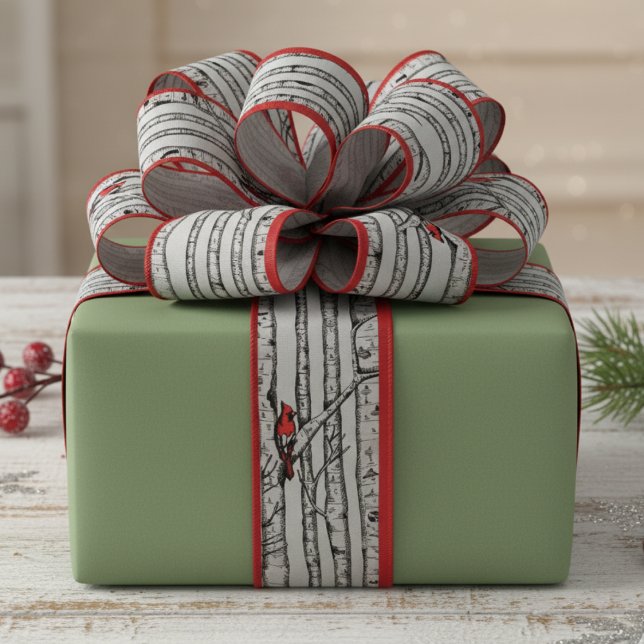 Rote und grüne Birken und Vögel des Roten Kardinal Ripsband (Elegant Winter Red Cardinal Bird & Birch Trees Pattern Ribbon for Christmas. Nature Birds Gift Wrap)