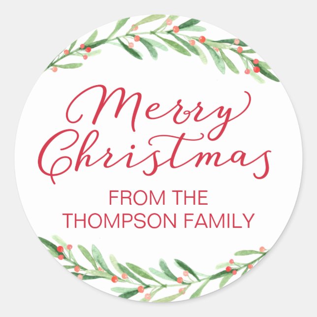 Rote und grüne Branch Frohe Weihnachtskleber Runder Aufkleber (Vorderseite)