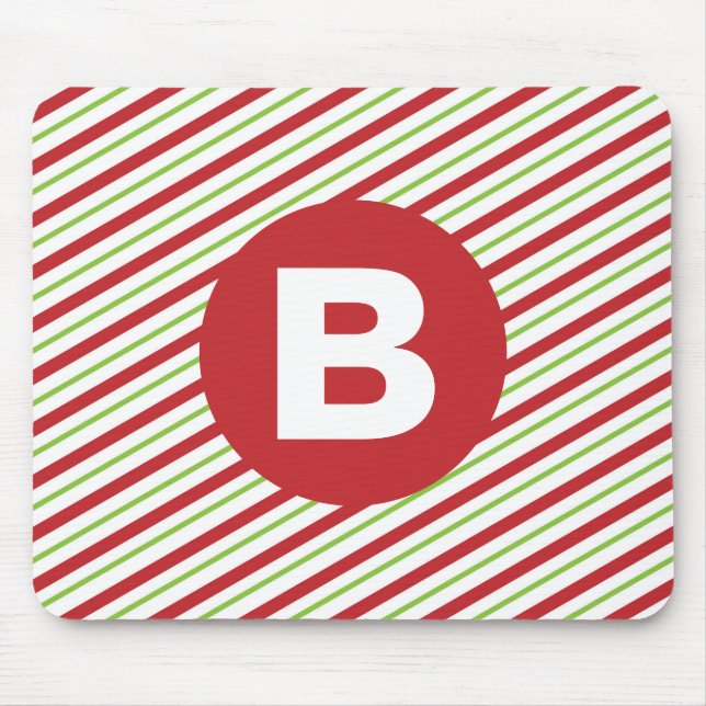 Rote und grüne diagonale Nadelstreifen-Monogramm Mousepad (Vorne)