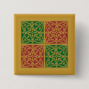 Rote und grüne Fliesenkunst auf Goldenem Muster Button