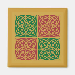 Rote und grüne Fliesenkunst auf Goldenem Muster Magnet
