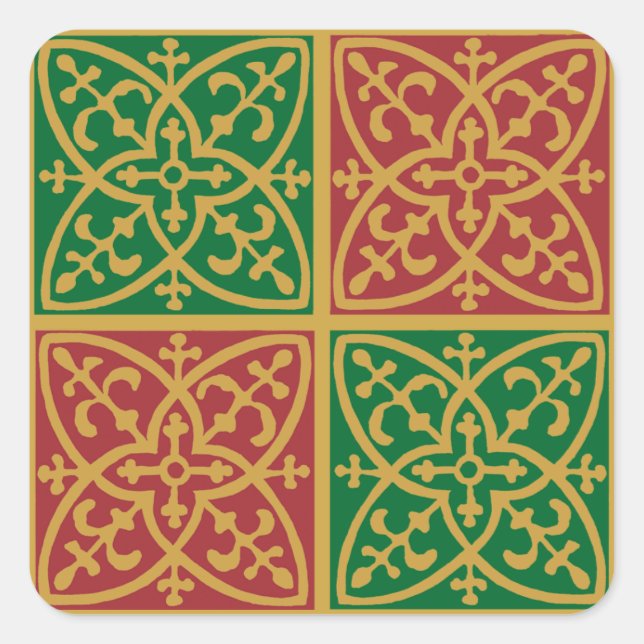 Rote und grüne Fliesenkunst auf Goldenem Muster Quadratischer Aufkleber (Vorderseite)