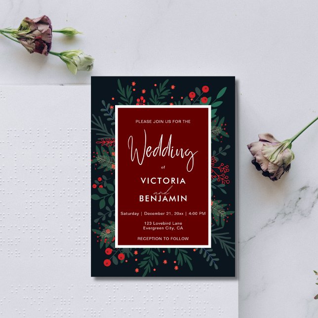 Rote und grüne Foliage Elegante Weihnachtsfeier Einladung (Red and Green Foliage Elegant Christmas Wedding Invitation)