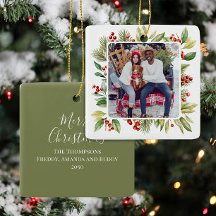 Rote und grüne Folies Foto Weihnachten Keramikornament