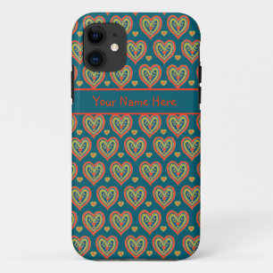 Rote und grüne Folk Art Art Hearts on Dark Aquamar Case-Mate iPhone Hülle