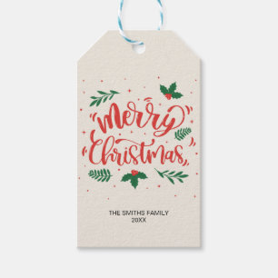 Rote und grüne frohe Weihnachtstypografie Text Geschenkanhänger