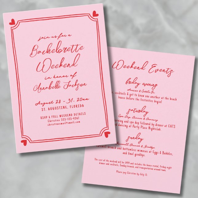 Rote und grüne Girls - The Restaurant Bachelorette Einladung (Pink And Red Girls Weekend Itinerary Bachelorette Invitation)