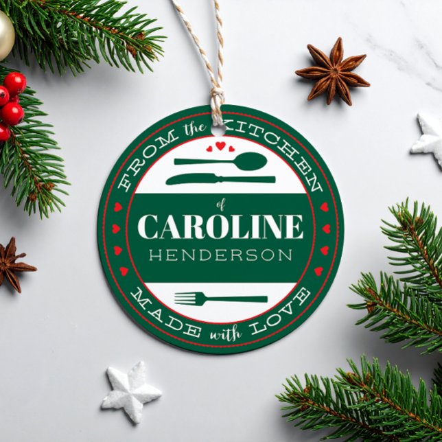 Rote und grüne Herzen aus Liebe Geschenkanhänger (personalized from the kitchen made with love green, red and white Christmas holiday gift tag)
