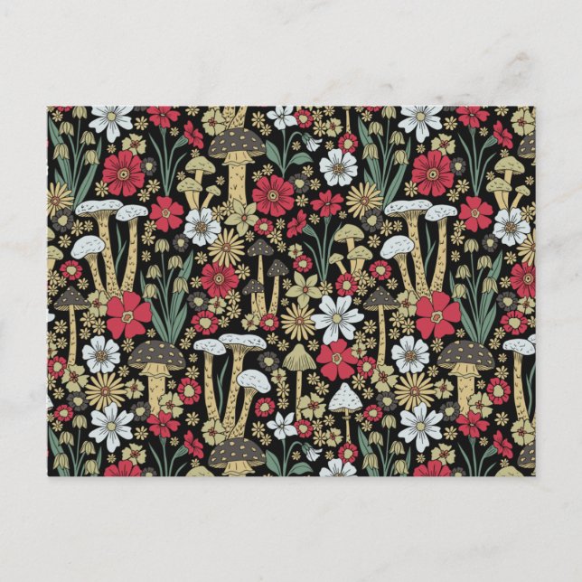 Rote und grüne Pilze und Blume Postkarte (Vorderseite)