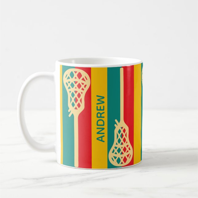 Rote und grüne Retro-Lacrosse-Sticks und -Streifen Kaffeetasse (Links)